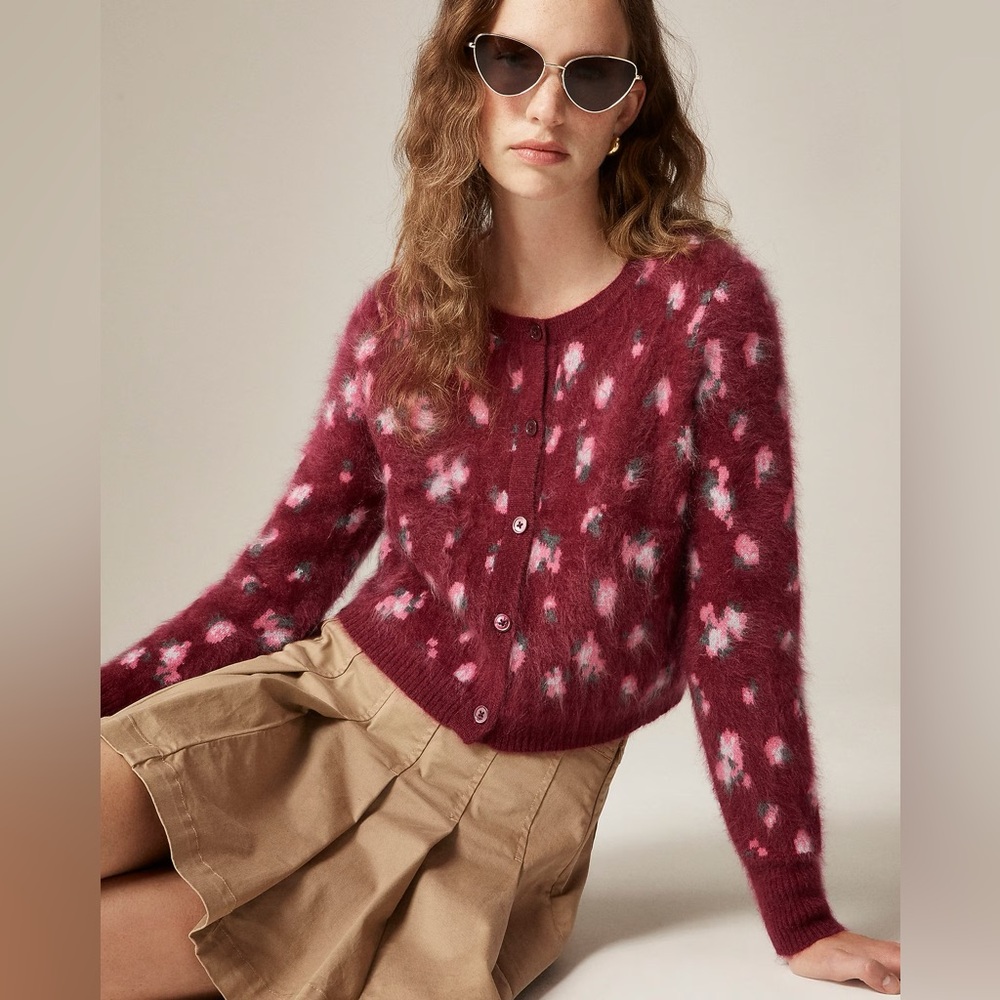 NWT J Crew Brushed Cashmere Cropped Cardigan in Blurry Floral, Size S $348